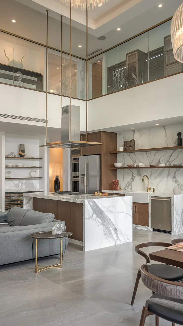 Luxury meets functionality in this two-story penthouse kitchen, boasting a marble island, high-end appliances, and a sophisticated dining area above a cozy lounge.