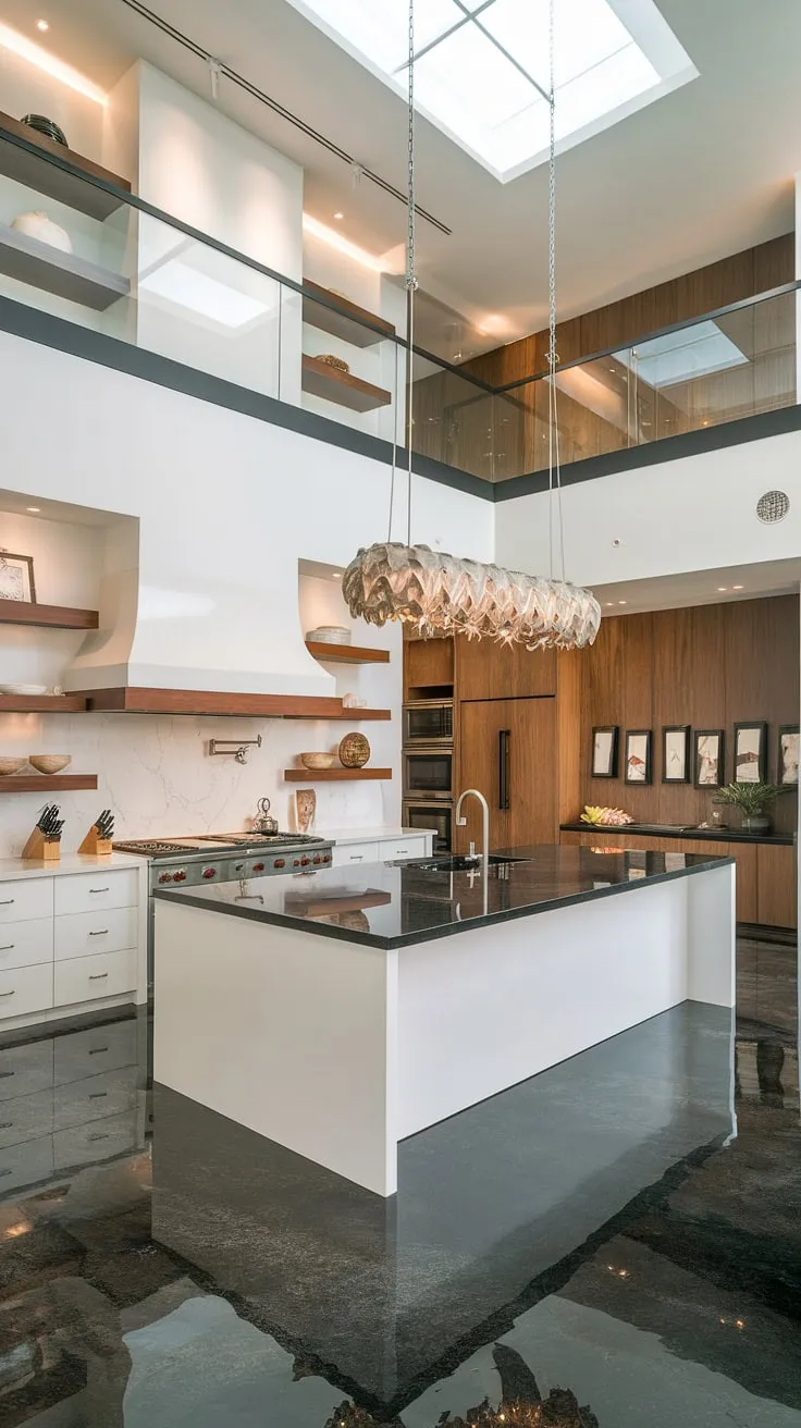 Luxury penthouse kitchen design features a modern white island and black countertops under a skylight