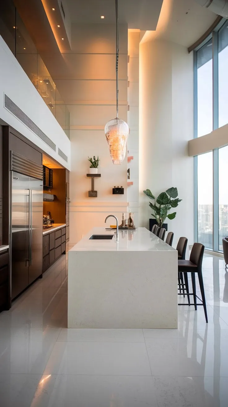Sun-drenched penthouse kitchen boasts a modern design and expansive island, perfect for luxurious living.