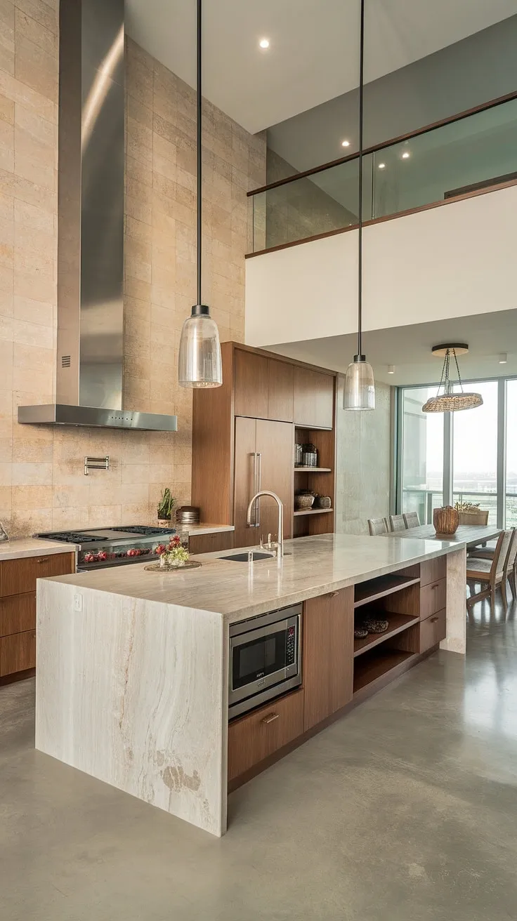 A modern two-story penthouse boasts a luxurious kitchen featuring a marble island and high-end finishes.