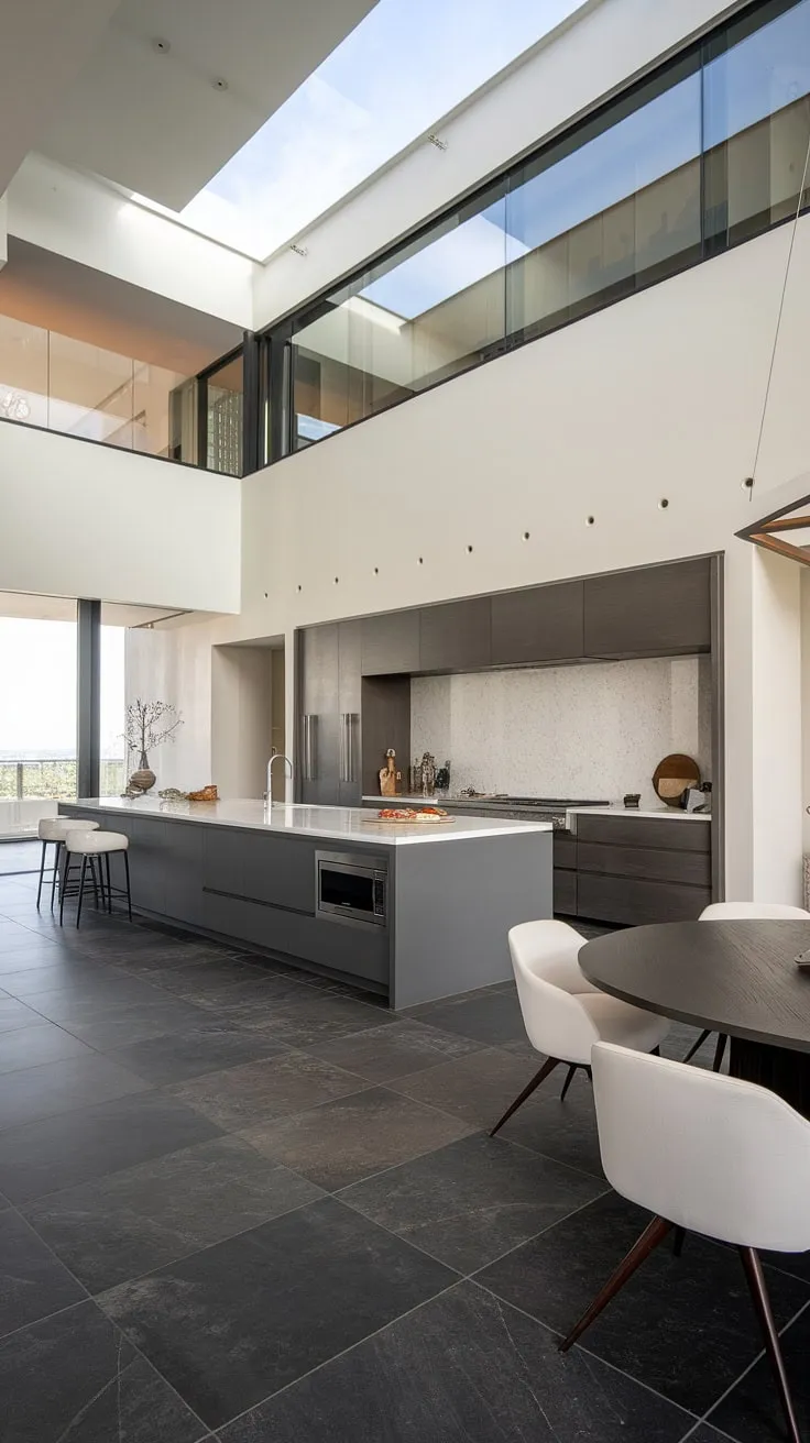Modern design defines this penthouse's kitchen, featuring a dark grey island and skylight, enhancing its luxurious two-story space.