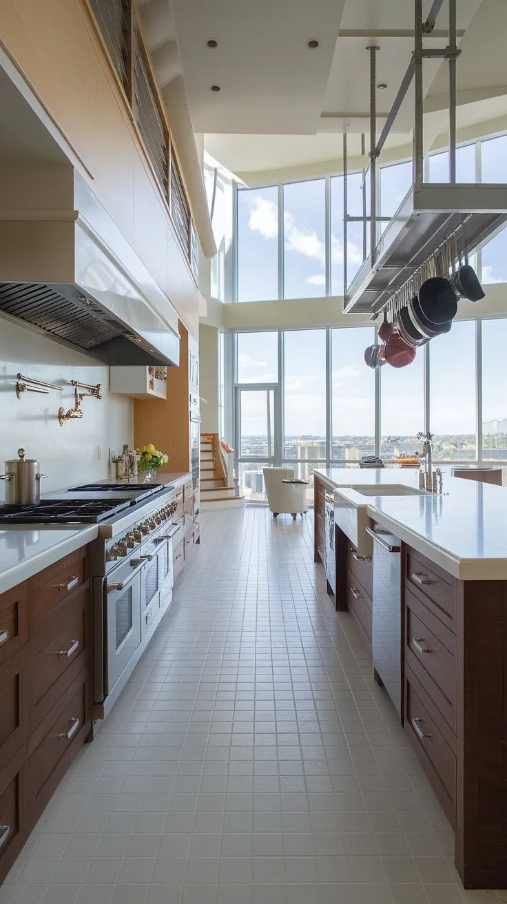 A stunning penthouse kitchen boasts a modern design, city views, and a spacious island with professional-grade appliances.