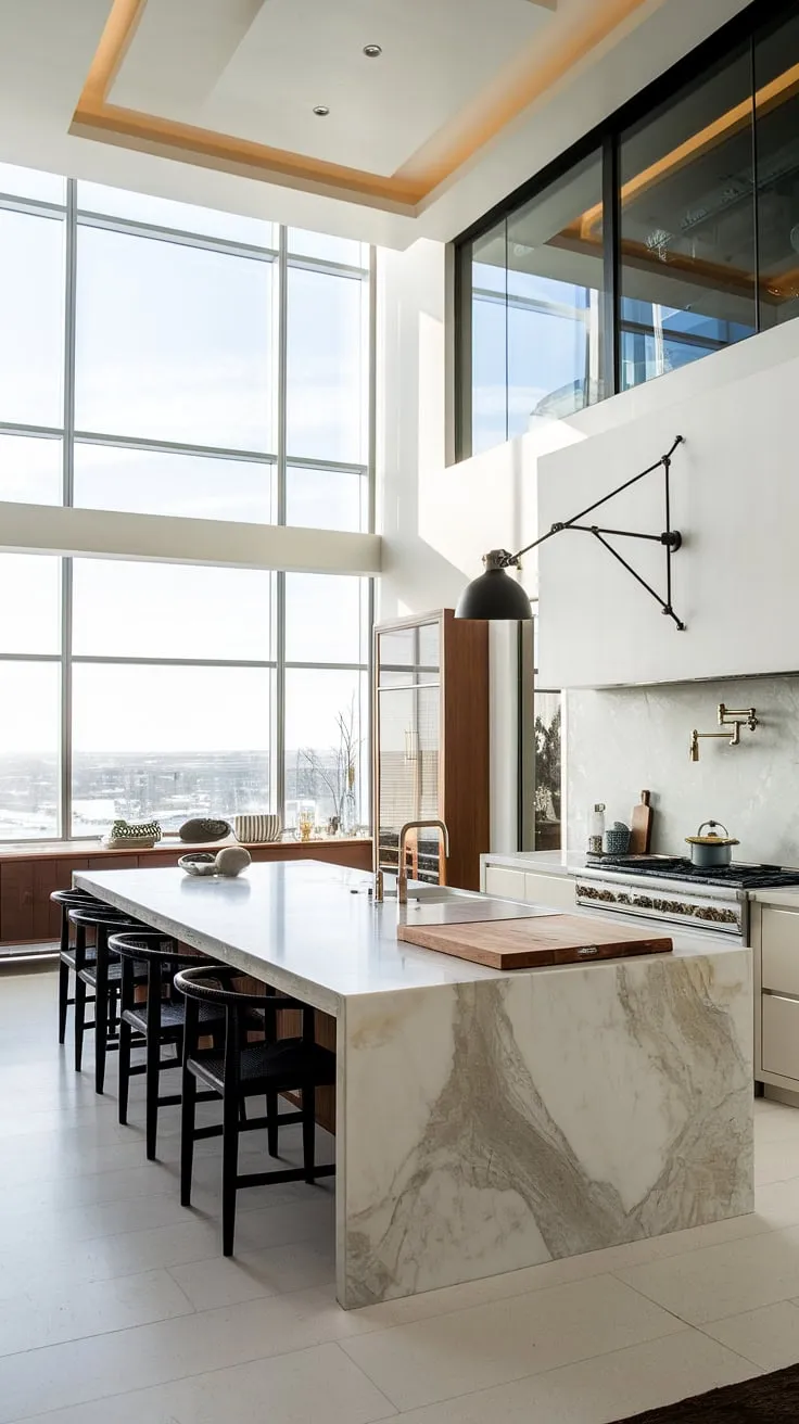 Elegant penthouse kitchen design features a marble island and city views