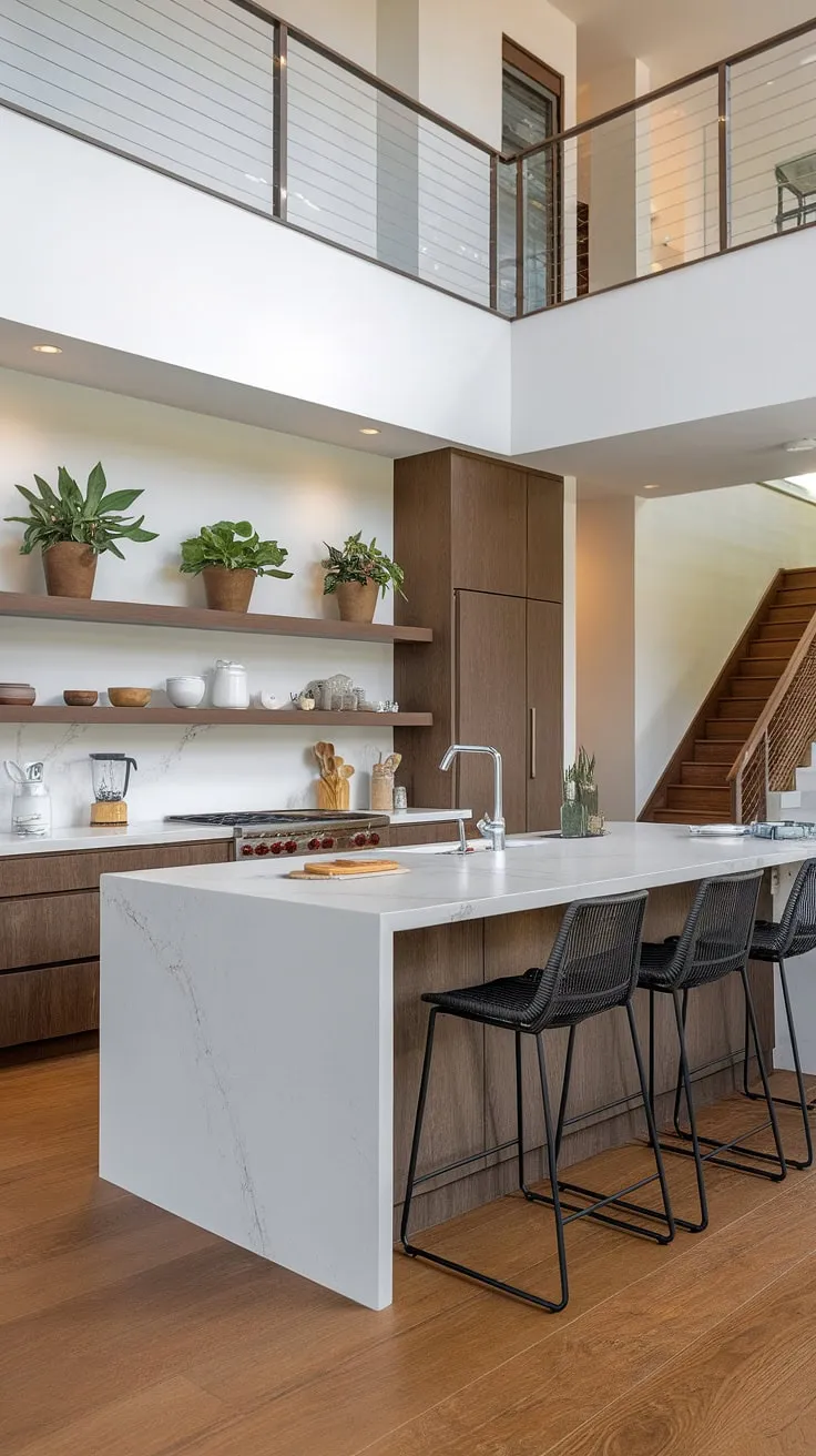 High-end appliances and potted plants accent a stunning two-story kitchen design.