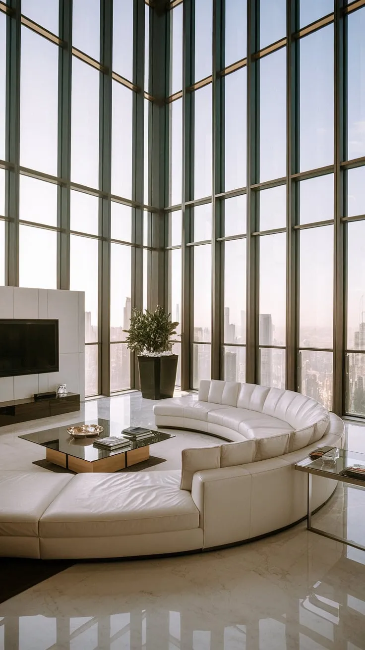 Elegant white marble floors and floor-to-ceiling city views define this luxurious penthouse living room
