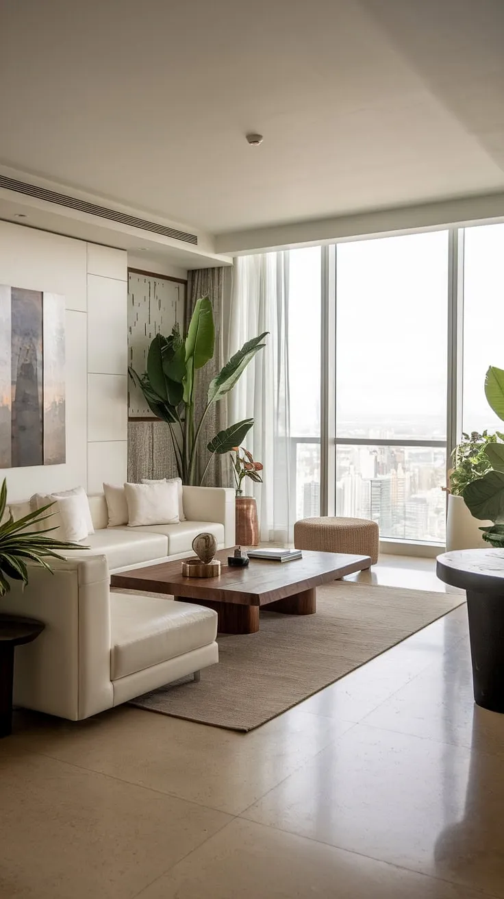 Minimalist elegance defines this penthouse living room, showcasing city views and sophisticated simplicity.