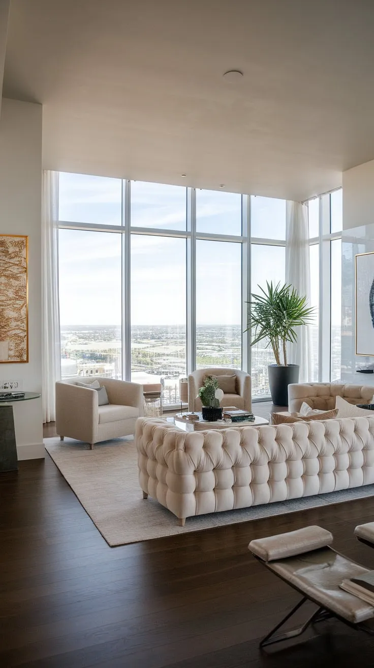 Floor-to-ceiling windows showcase breathtaking city views from this luxurious penthouse living room's plush seating area.