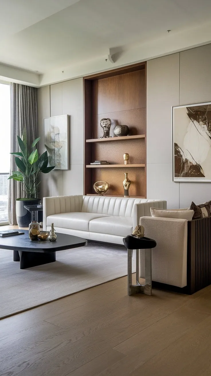Elegant modern penthouse living exudes luxury through minimalist design and tasteful decor