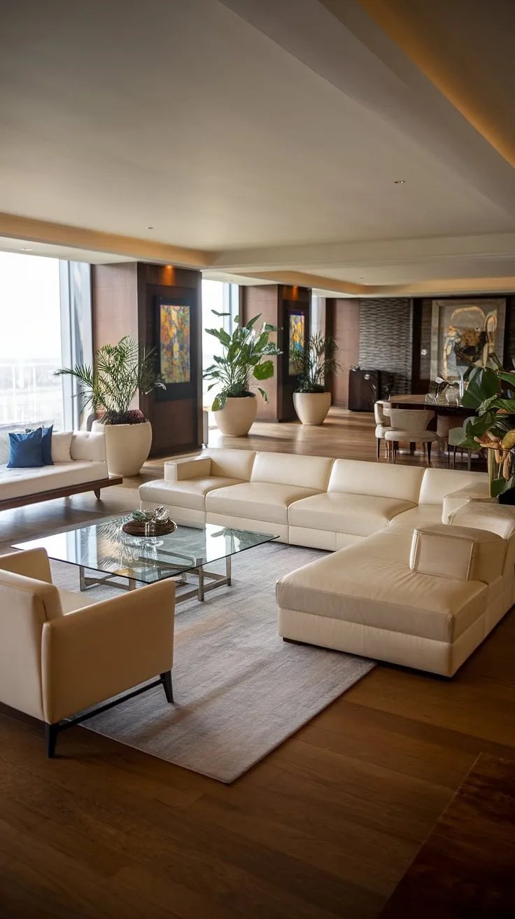 Elegant modern penthouse living exudes luxury with spacious design and warm lighting
