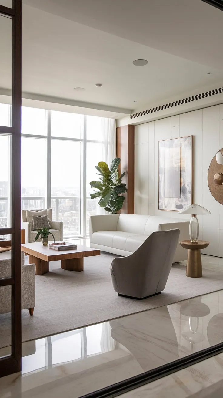 A luxurious white marble penthouse boasts sleek interiors and stunning cityscape panoramas.