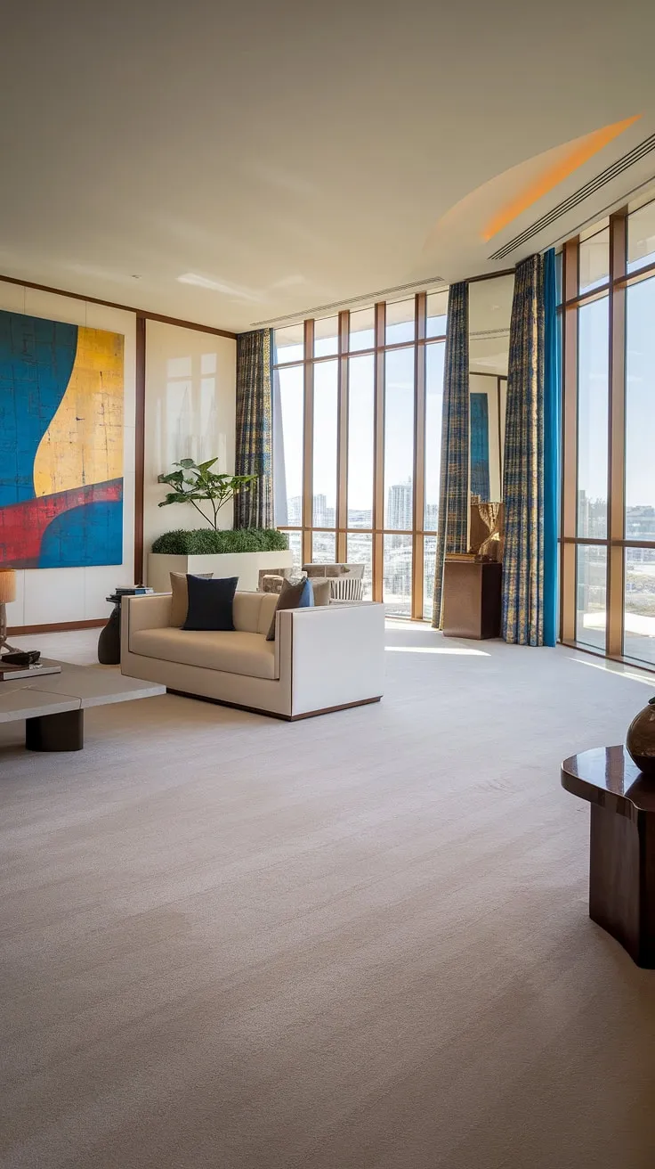 Elegant penthouse living boasts expansive city views and a sophisticated, airy design.