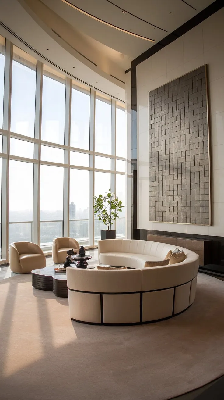 A high-ceilinged penthouse boasts a sophisticated living space filled with natural light and contemporary design elements.