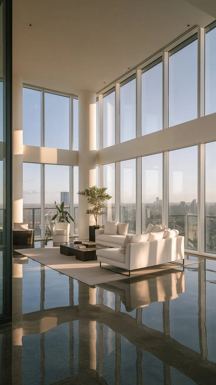 Natural light enhances the airy feel of a luxurious penthouse with panoramic city vistas.