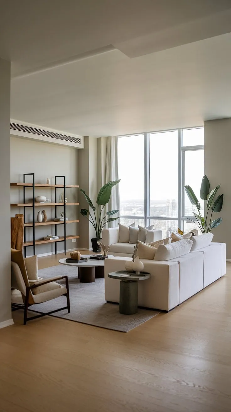 A modern penthouse's airy space features calming grey walls and a luxurious white sofa overlooking stunning cityscapes.