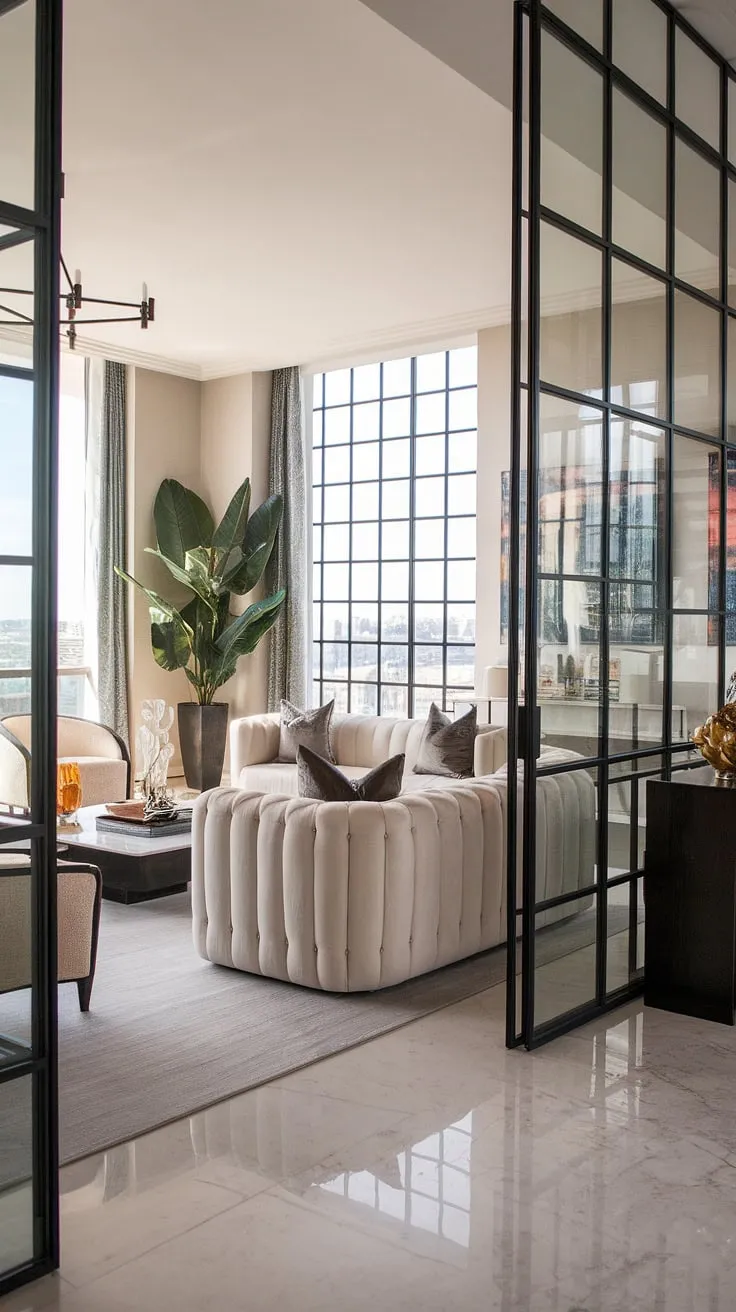 Elegant black accents contrast sharply with the bright white marble and panoramic city views in this luxurious penthouse living room