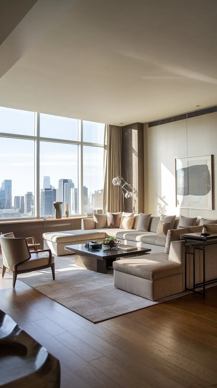 A luxurious modern penthouse boasts a spacious layout, showcasing city skyline views from its large window.