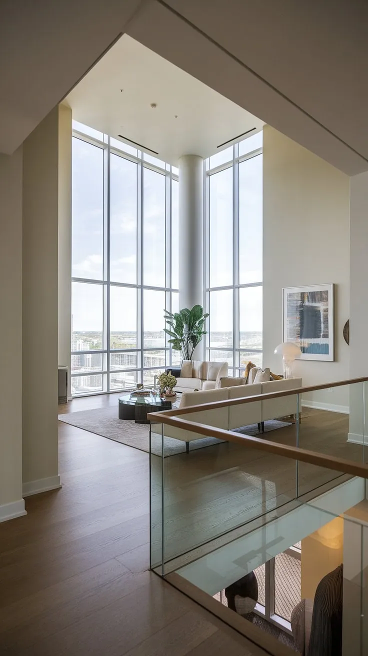 Expansive city views and minimalist design define this luxurious penthouse living room