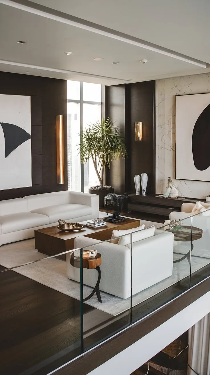 Sophisticated penthouse living is showcased through a minimalist design featuring a white sofa, dark wood floors, and abstract art against a backdrop of city views.