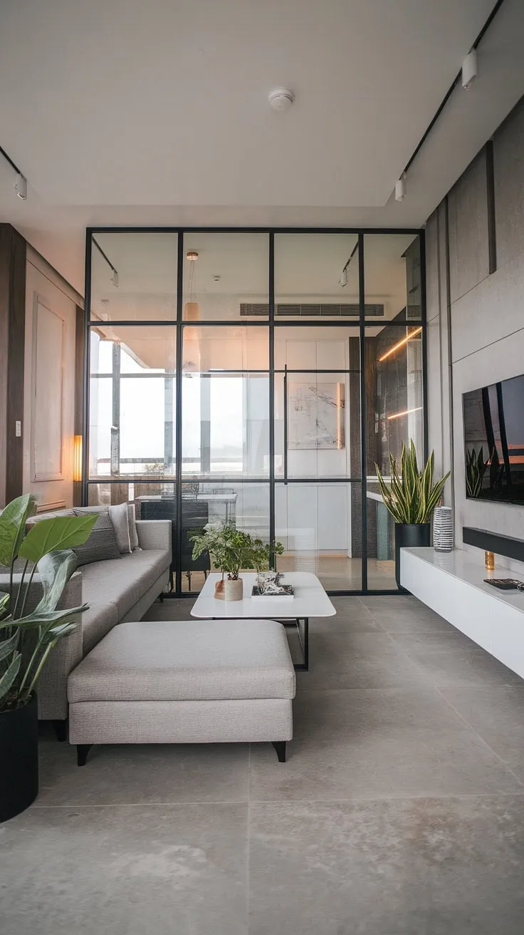 Elegant gray tones and minimalist design define this luxurious penthouse living room's sophisticated atmosphere