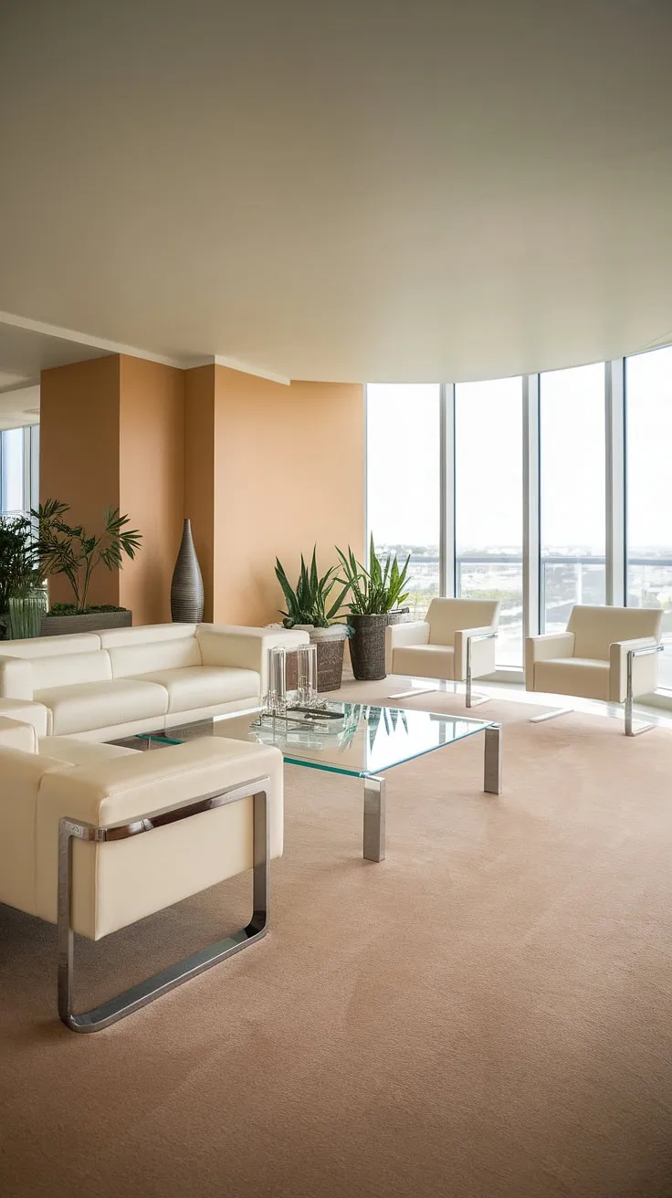 A luxurious penthouse living room boasts sleek modern design, city views, and a calming beige palette.