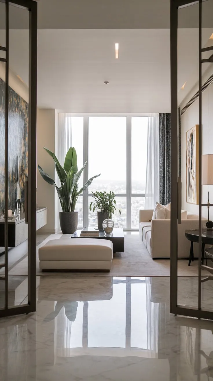 Elegant penthouse living, defined by minimalist design and stunning city views