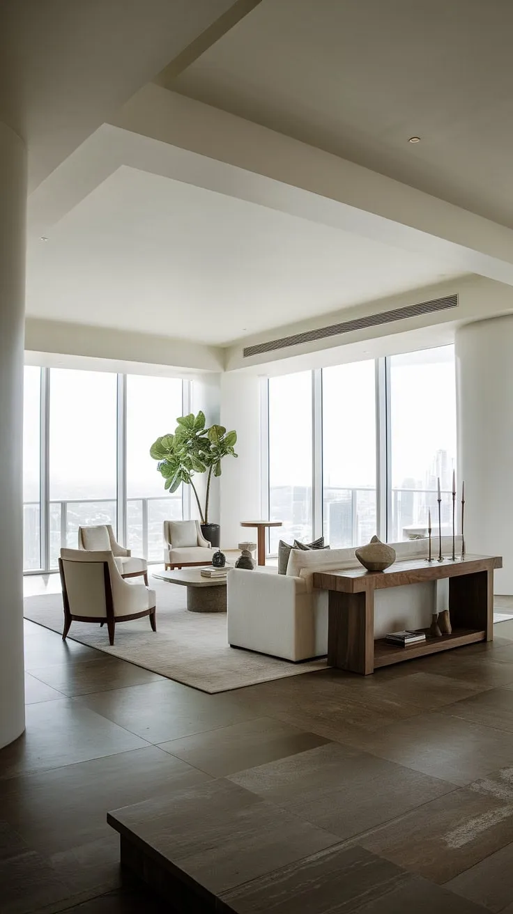 Sunlight floods a minimalist penthouse living room, highlighting its elegant white sofa and dark tiled floor