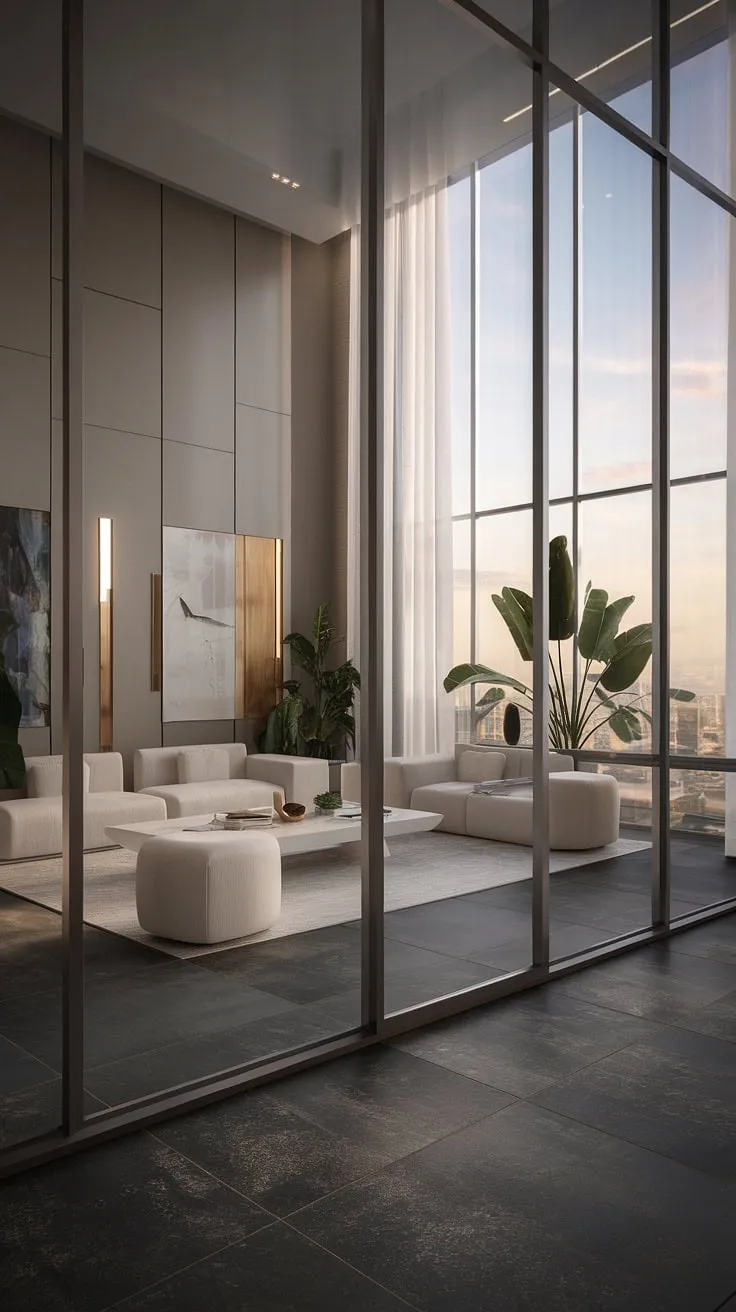 Elegant minimalist penthouse living showcases stunning city views