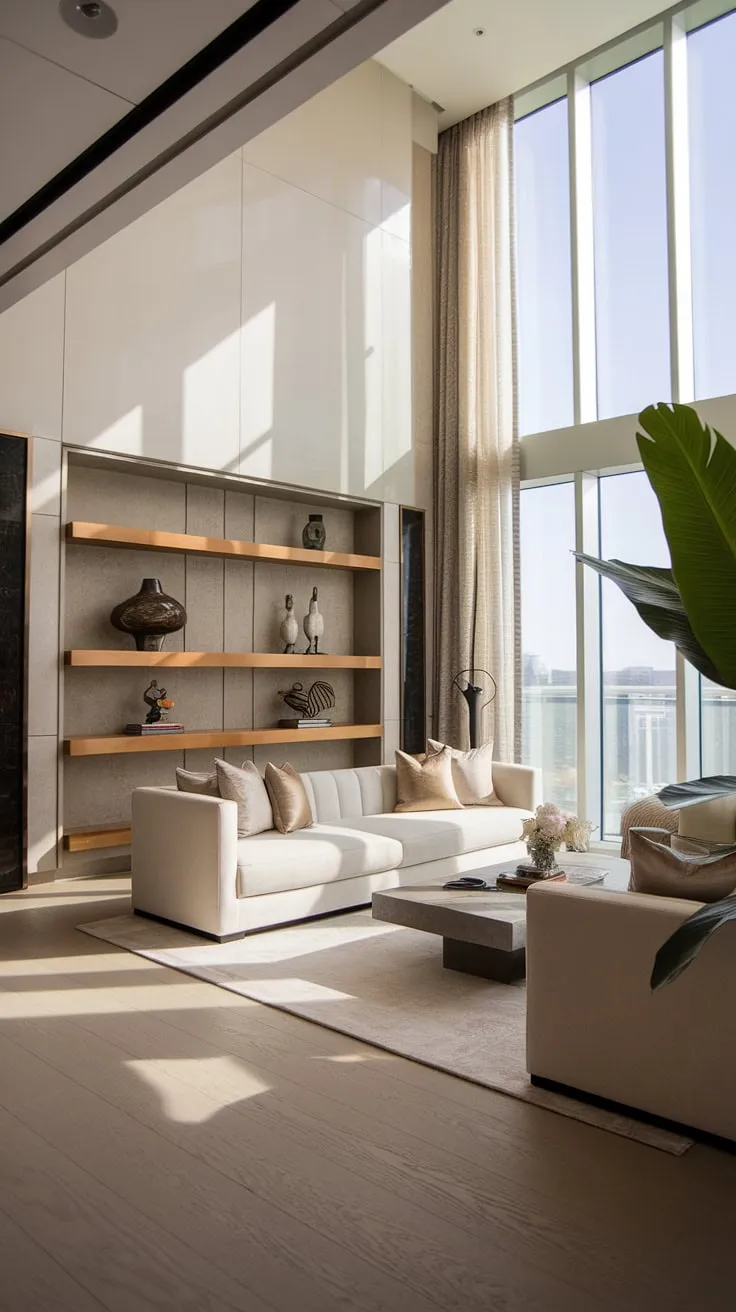 Sunlight streams into a luxurious penthouse living room, illuminating a pristine white sofa and stylish decor.