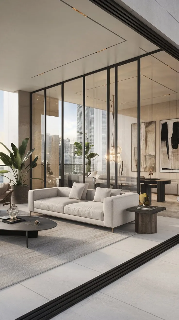 Modern minimalist design defines this penthouse living room, its white expanse punctuated by art, greenery, and a sleek black coffee table.