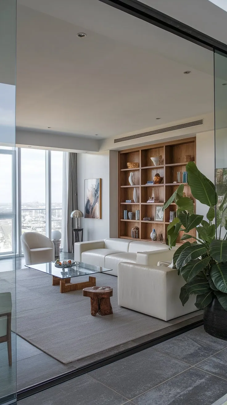A penthouse living room's modern design, featuring city views and minimalist furnishings, creates a luxurious and airy atmosphere.