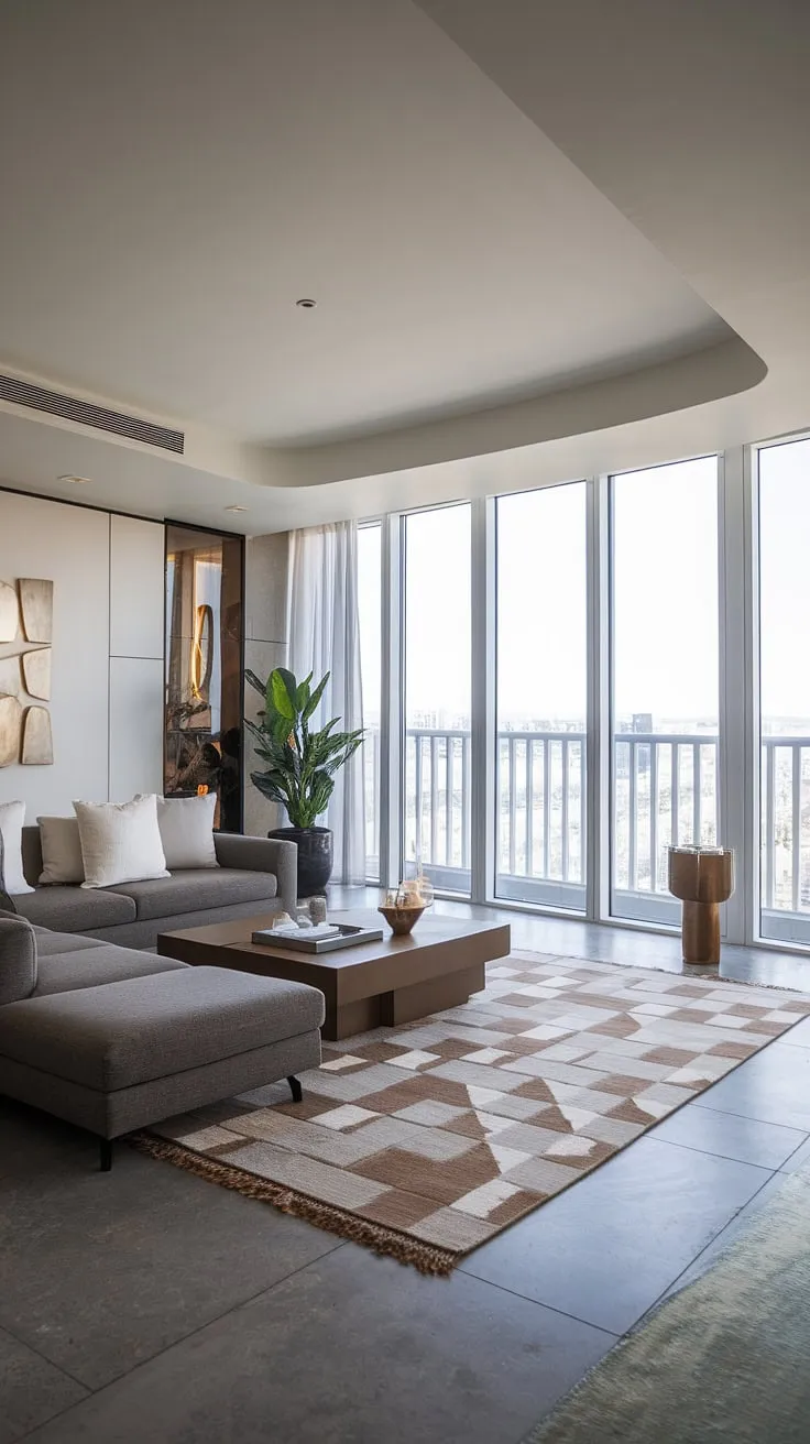 A minimalist penthouse living room boasts city views from its large windows and balcony, complemented by a gray sofa, geometric rug, and tasteful artwork.
