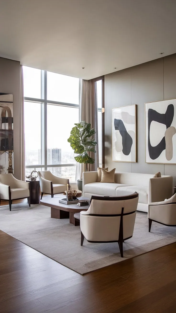Luxurious penthouse living room boasts stunning city views and modern minimalist design.