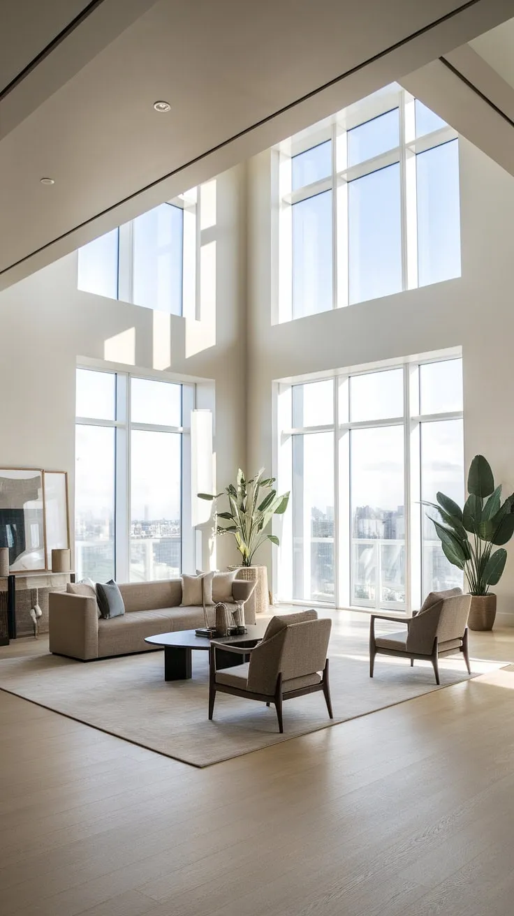 Sunlight floods a minimalist penthouse living room, showcasing stunning city views and luxurious simplicity.