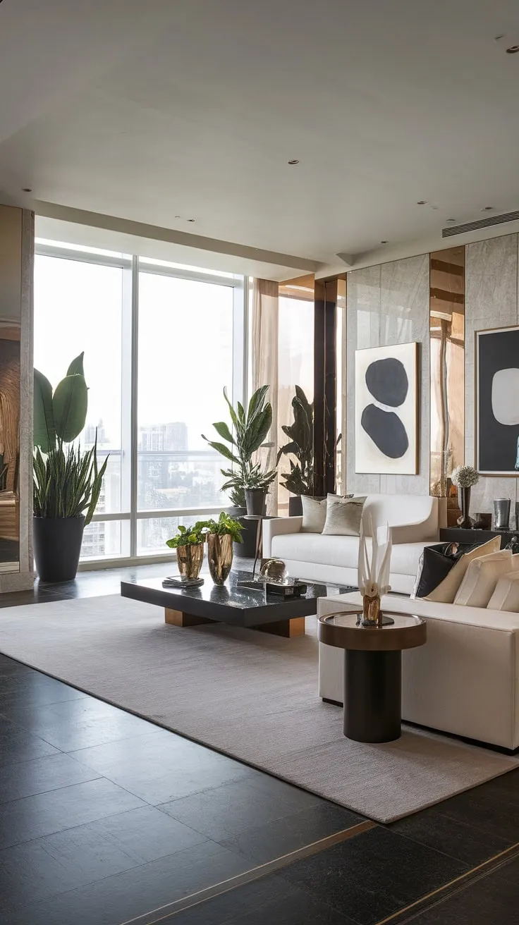 Elegant modern penthouse living is showcased through a minimalist design featuring a city view and abstract art.