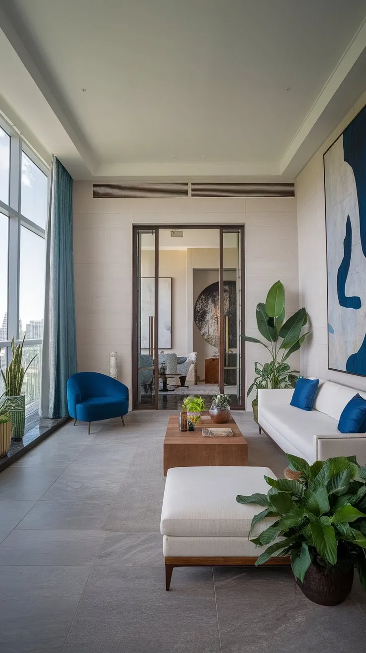 Sophisticated penthouse living is showcased in a sunlit space featuring a white sofa, abstract art, and high ceilings.