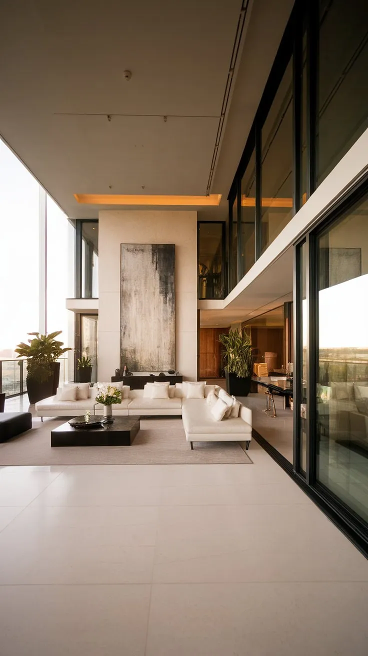 High ceilings and floor-to-ceiling windows create a bright, sophisticated penthouse retreat.