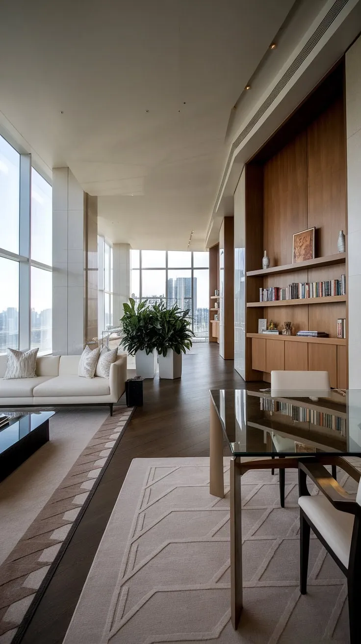 A high-ceilinged penthouse boasts a sophisticated design and luxurious amenities.