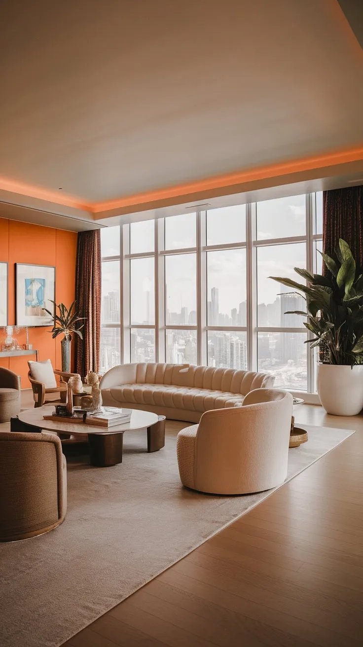Modern design and stunning city views define this opulent penthouse living room's luxurious ambiance.