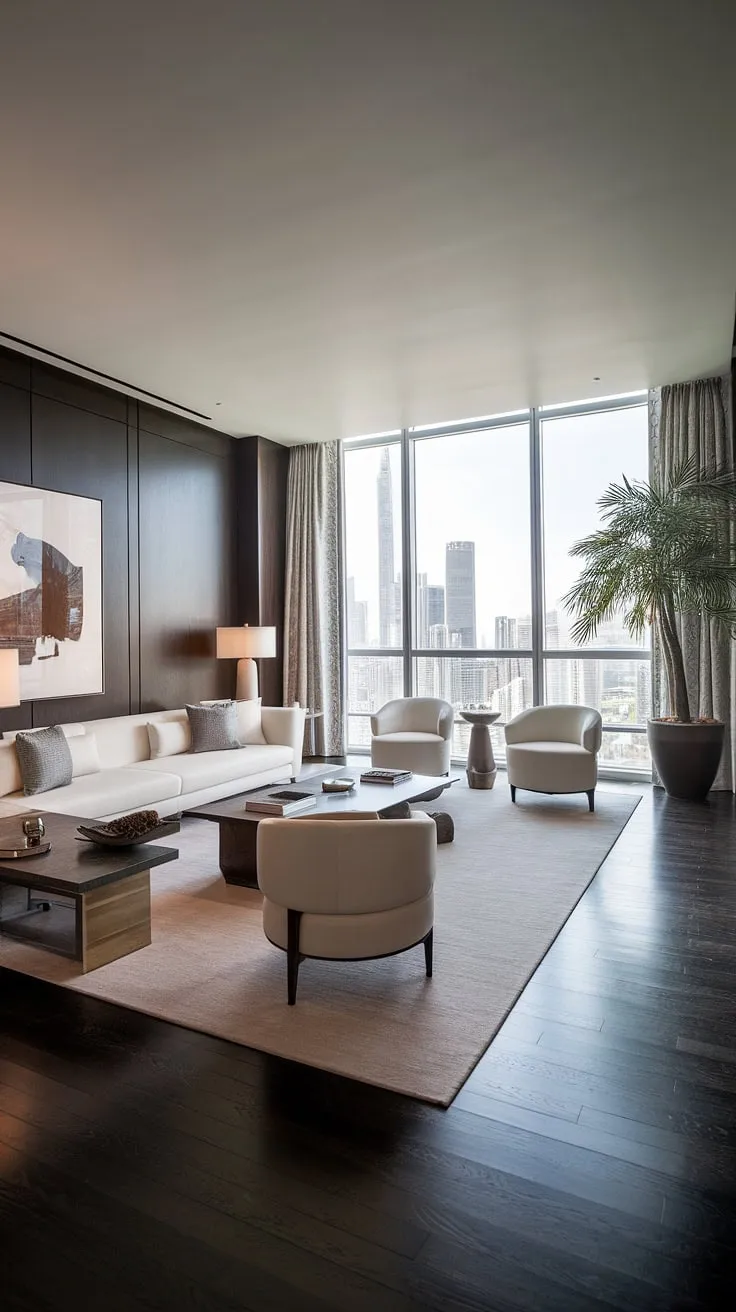Modern luxury is defined by this penthouse's sleek aesthetic and breathtaking cityscape.