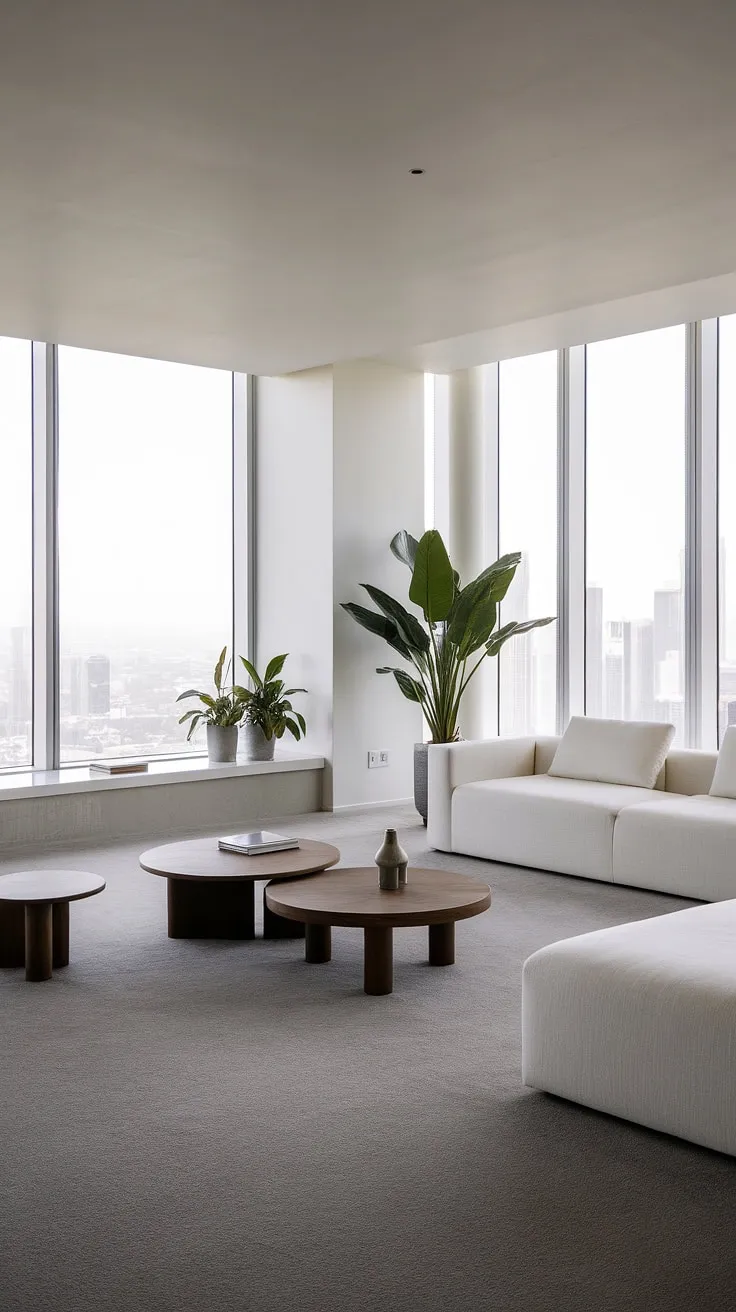 Elegant minimalist penthouse living showcases stunning city views