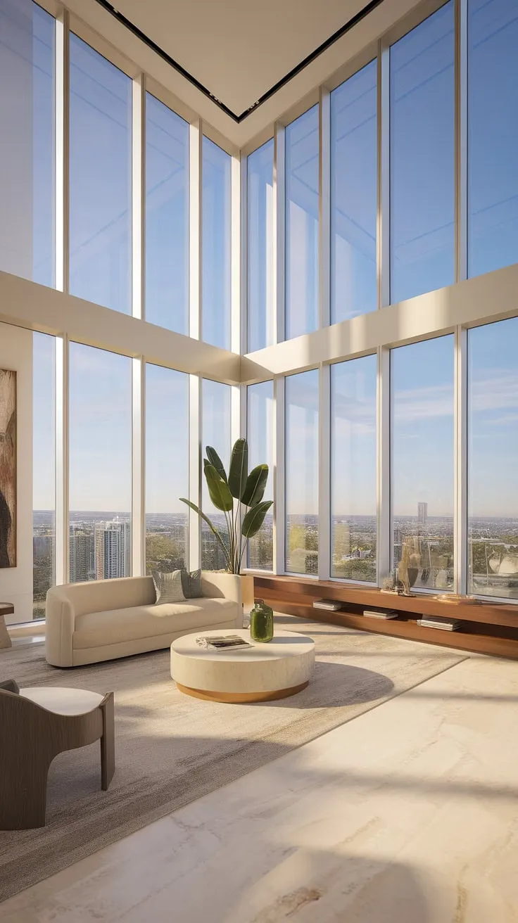Sun-drenched city views and luxurious modern design define this penthouse living room.