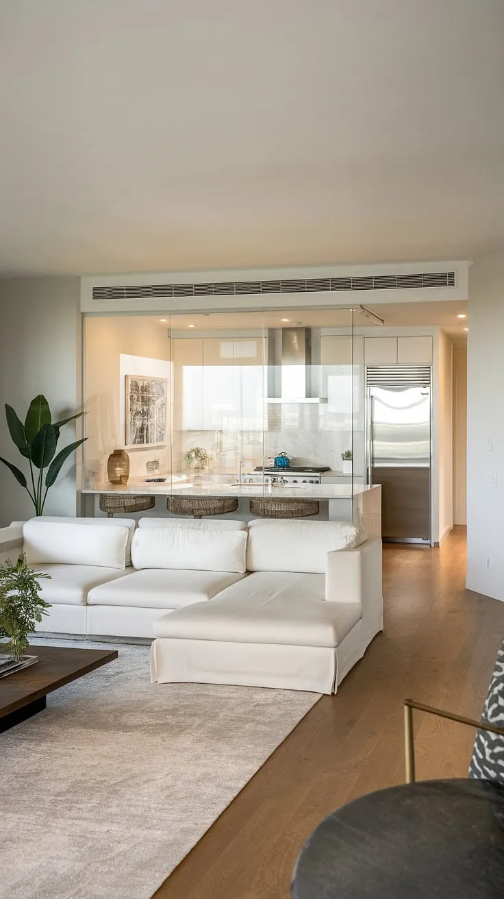 A minimalist penthouse boasts a bright, airy living space with stunning city views, seamlessly flowing into a modern kitchen.