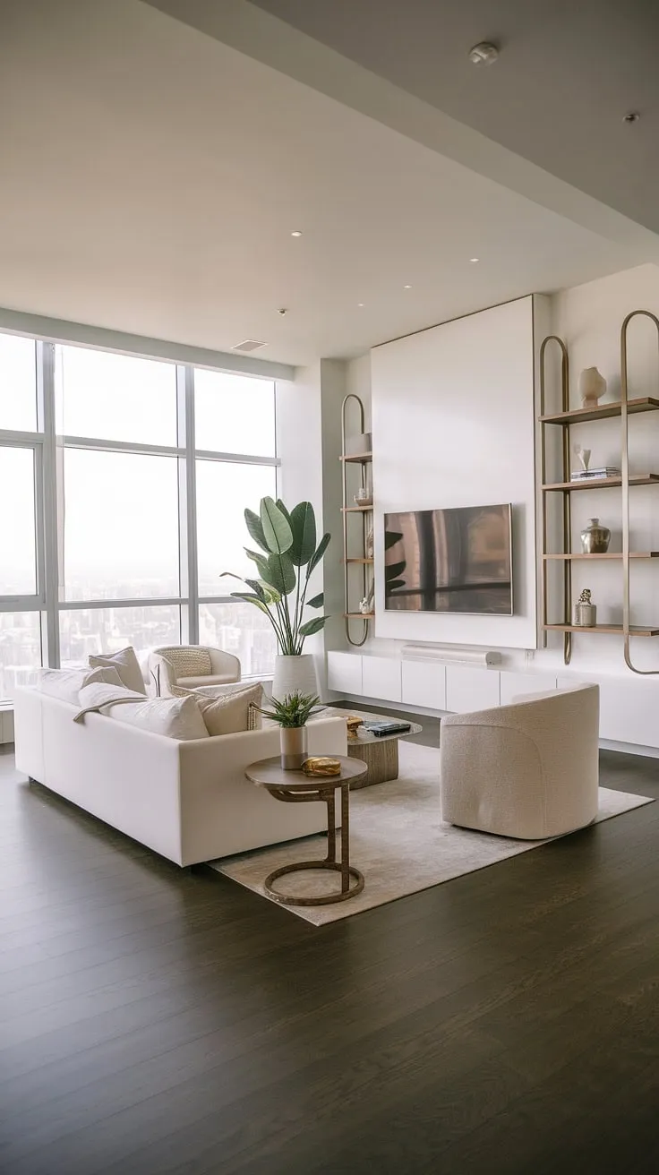 Luxury redefined a minimalist penthouse boasts stunning city views from its spacious living area.