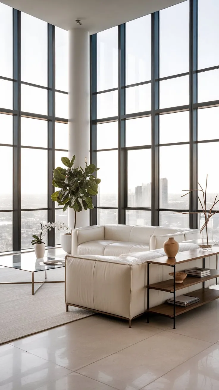 Floor-to-ceiling windows showcase stunning city views from this minimalist penthouse's luxurious white interior.