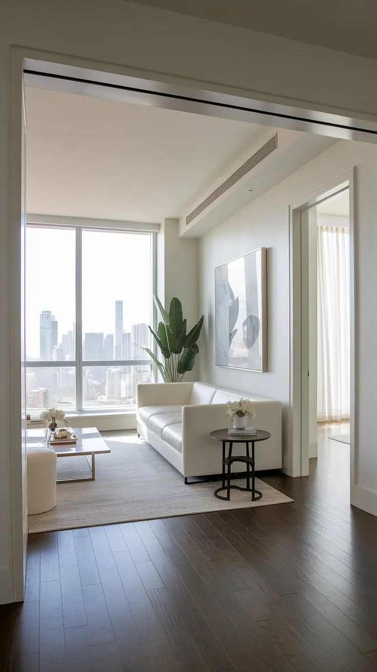 Elegant minimalist design defines this luxury penthouse, showcasing stunning city views from its expansive window.