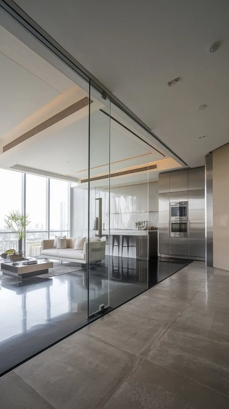 A minimalist white and grey penthouse boasts a spacious living area, modern kitchen, and stunning city views.