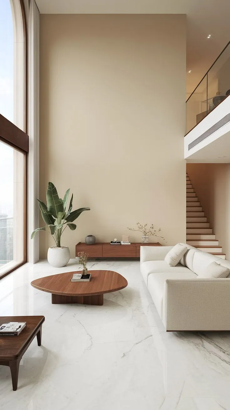 Elegant minimalist penthouse design showcases a bright living space with marble floors and a calming beige palette