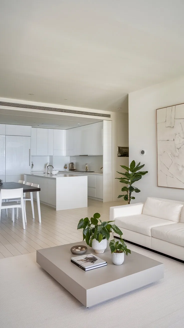 A modern penthouse boasts a bright airy interior with white oak floors and minimalist decor.