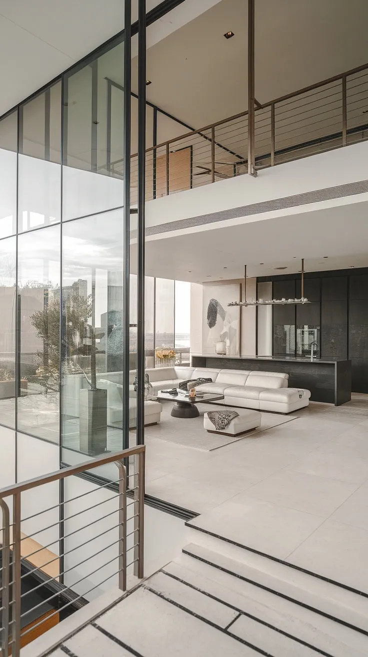 Modern minimalist design defines this luxurious penthouse, its spacious living area opening onto a city-view balcony.