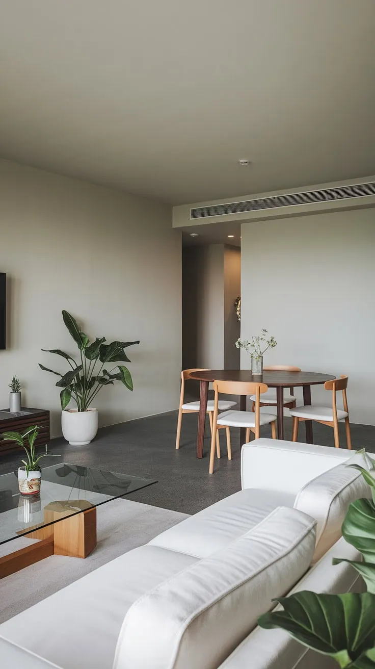A modern penthouse boasts a minimalist interior with a white sofa and wooden dining table against a backdrop of light gray walls and dark gray concrete floors.